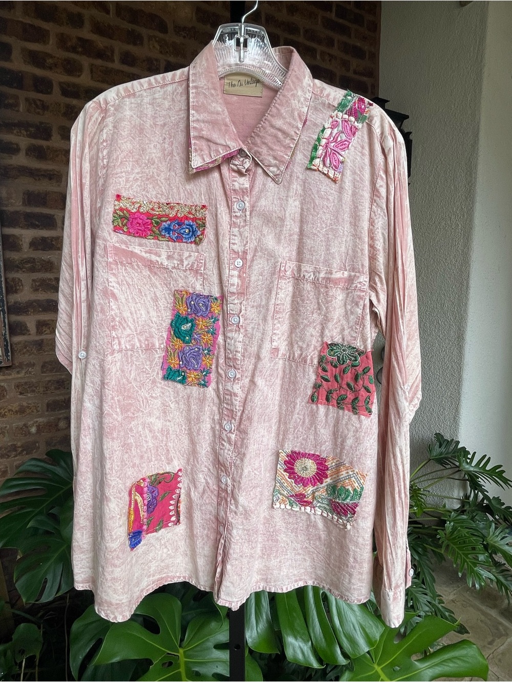 Vintage-Inspired Pink Patchwork Button-Down Shirt